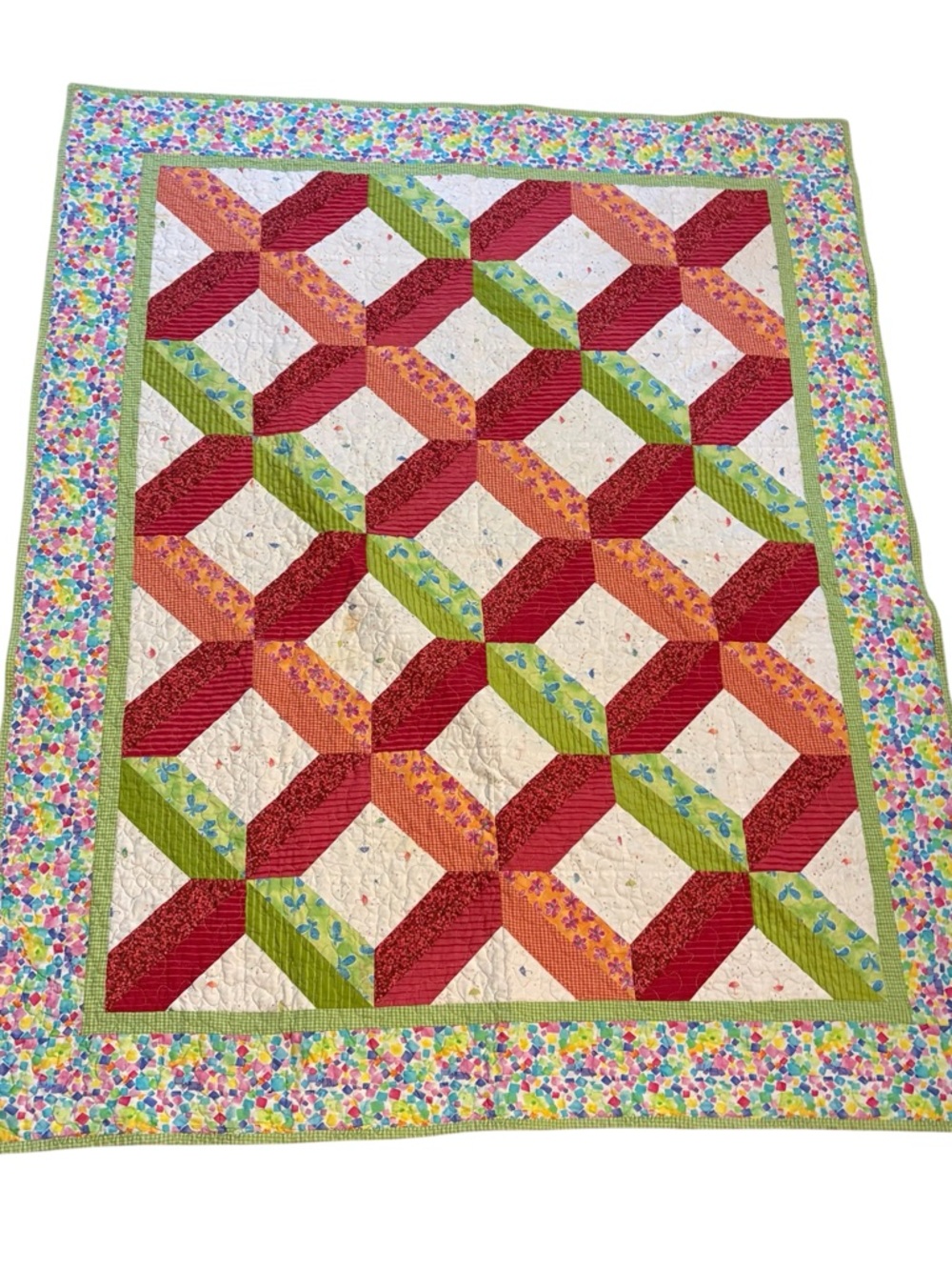 Vintage 1960’s  Handmade Quilt Triangle Diamond Quilt  55” X 44”